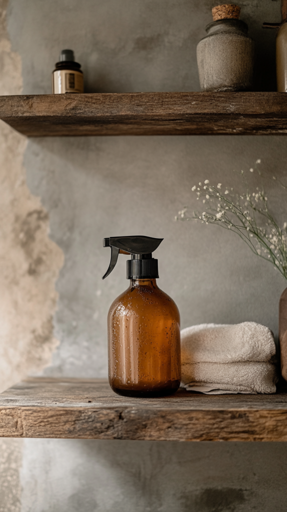 Eco-friendly natural bathroom cleaner in a glass spray bottle.