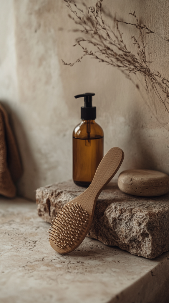 Wooden hairbrush on a natural stone vanity in an eco bathroom.