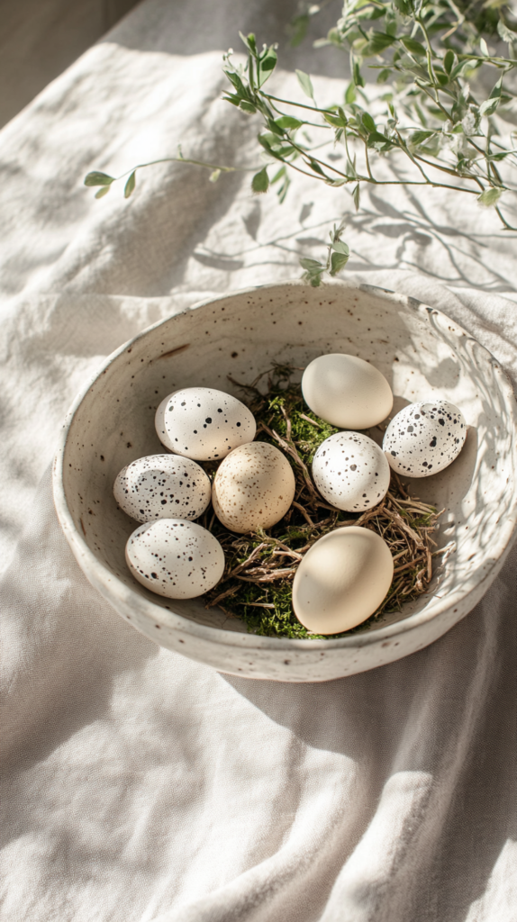 DIY rustic bowl styled as a spring nest with moss and natural materials.