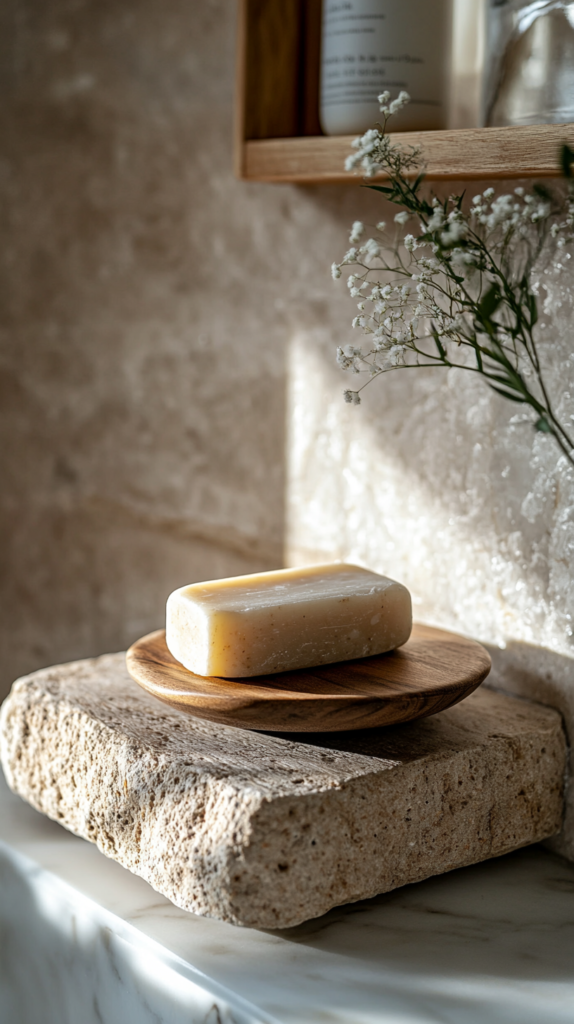 Solid shampoo bars on a wooden dish in a natural stone shower.