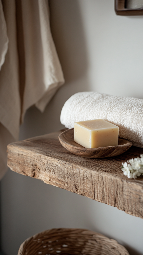 Organic bar soap on a ceramic dish in a cozy eco-friendly bathroom.