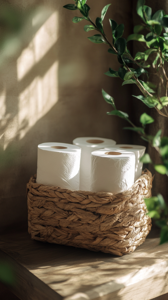 Eco-friendly toilet paper stored in a rustic woven basket in an airy bathroom.