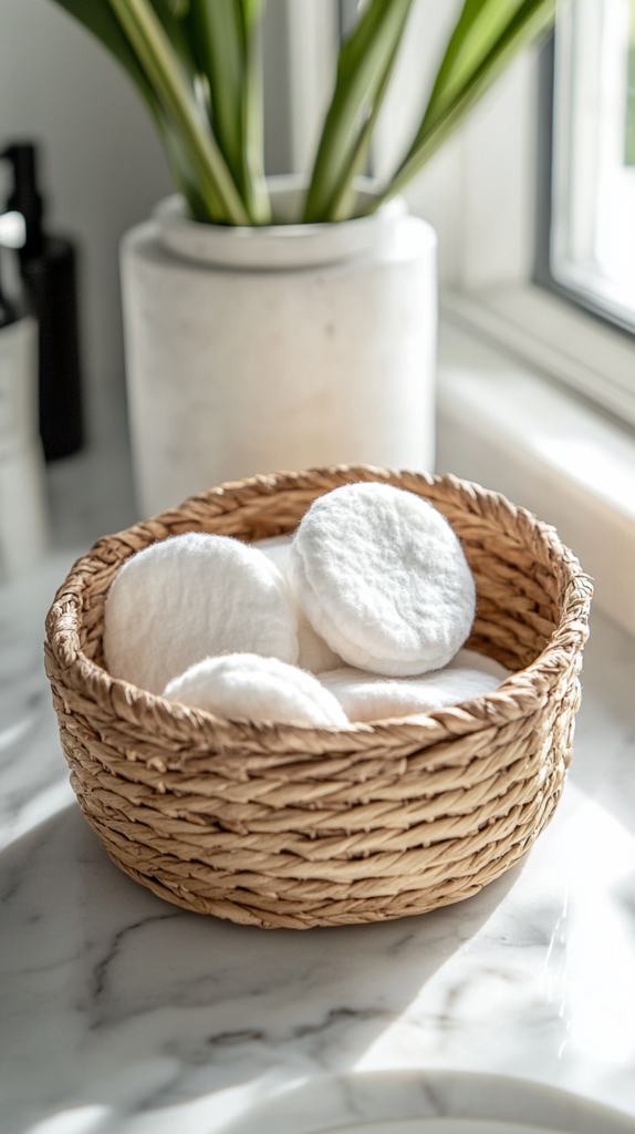 Reusable cotton rounds stacked neatly in an eco-friendly bathroom.