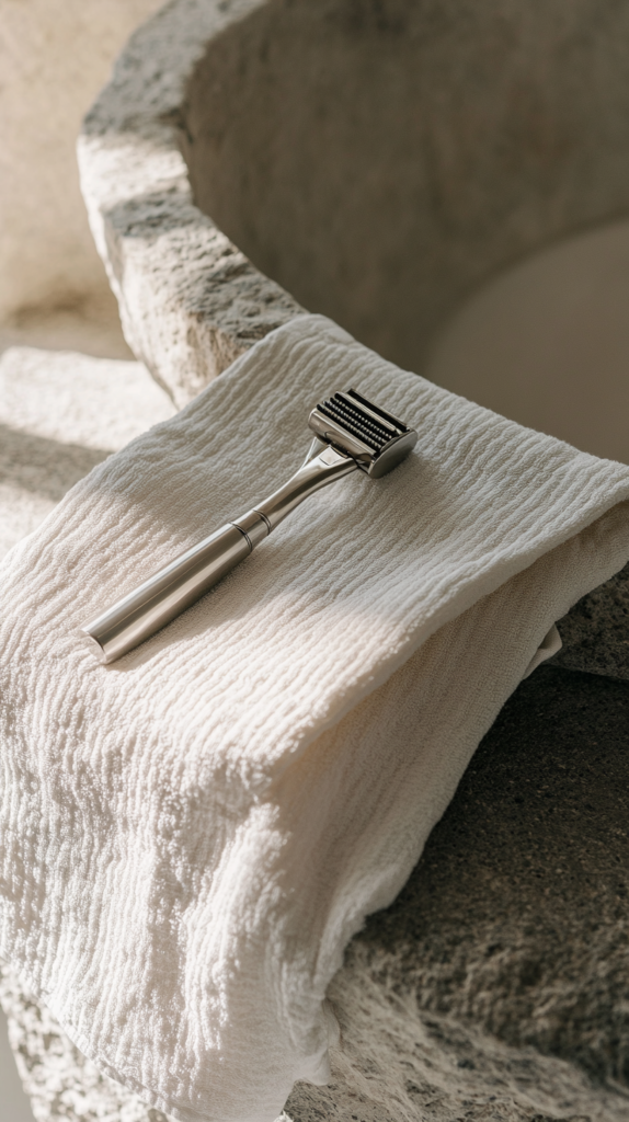 Stainless steel safety razor styled in a simple eco bathroom setting.