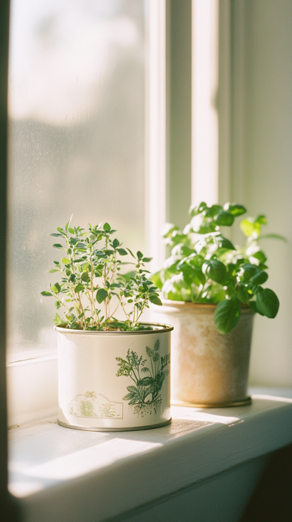 Vintage tins repurposed as charming spring herb planters.