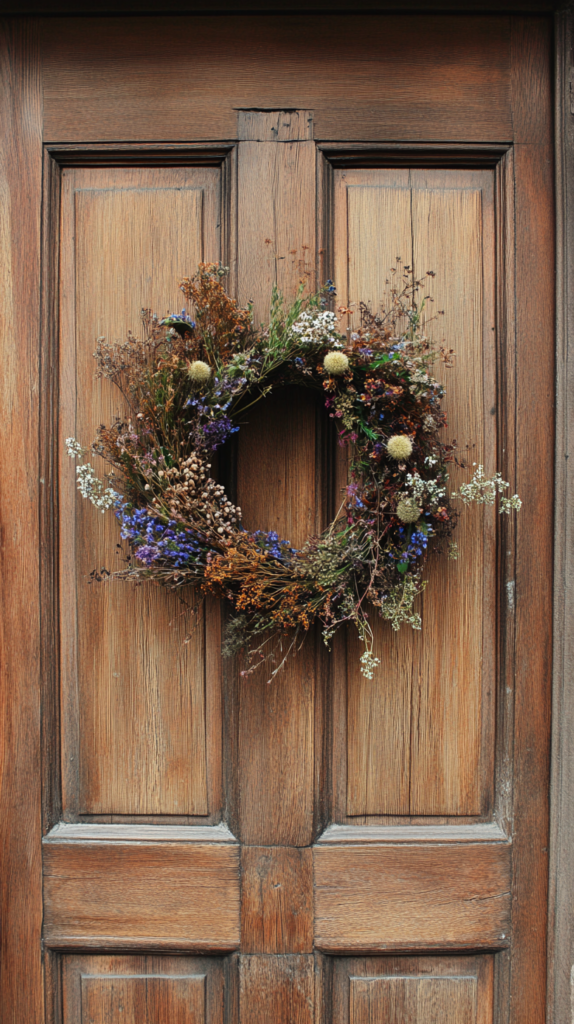 Rustic dried flower wreath styled on a wooden door in soft spring light.