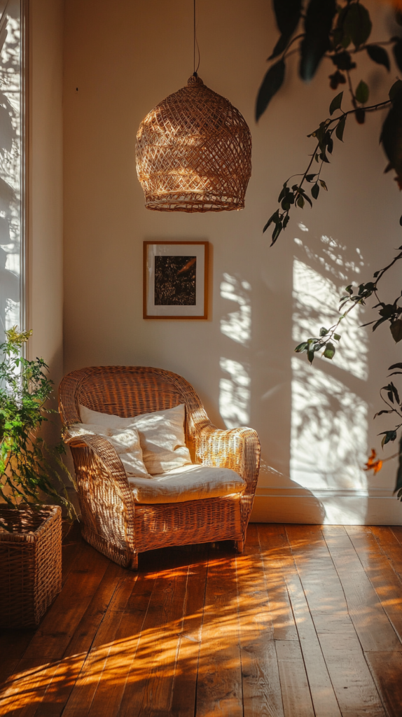Living space styled with rattan furniture and woven textures