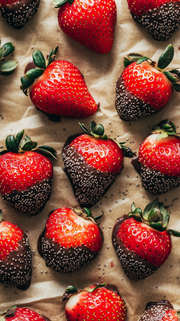 Dark chocolate-covered strawberries with chia seeds on parchment