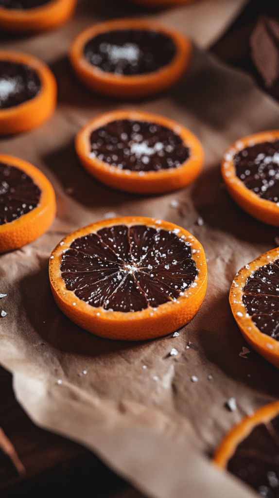 Dark chocolate dipped orange slices as a sweet healthy snack