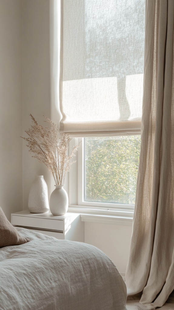 Bedroom window with sheer linen curtains in a calm, soft palette