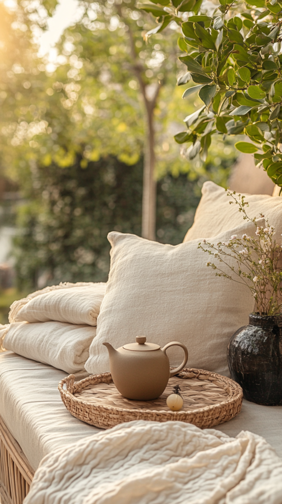 Pergola nook styled with cozy blankets, tray, pillows and soft lighting