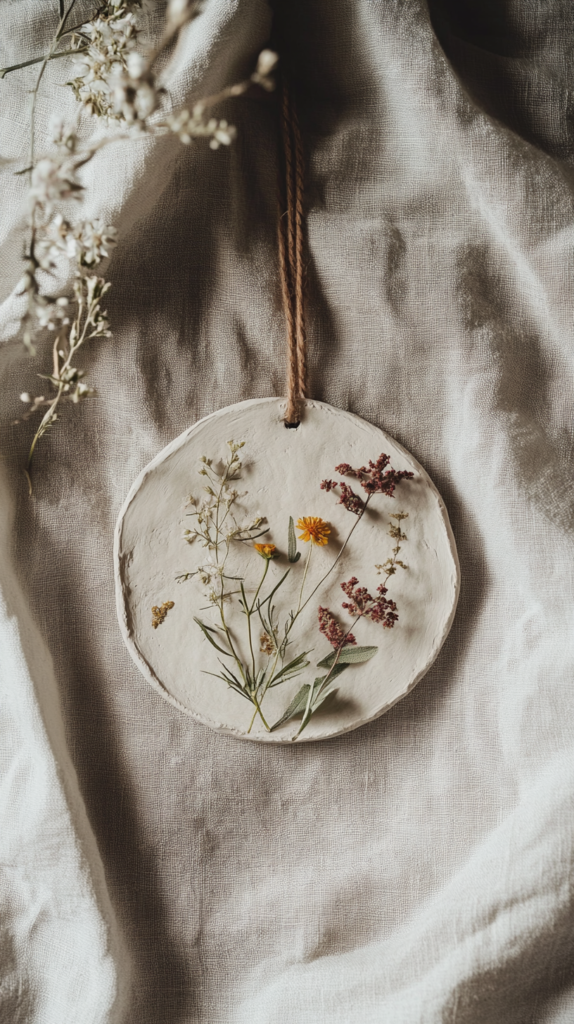 Clay wall hanging with pressed flowers, styled on a linen backdrop in soft neutral light.
