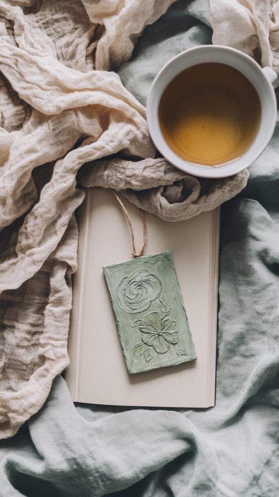 Textured clay bookmark resting in open book, soft neutral tones and cozy styling.