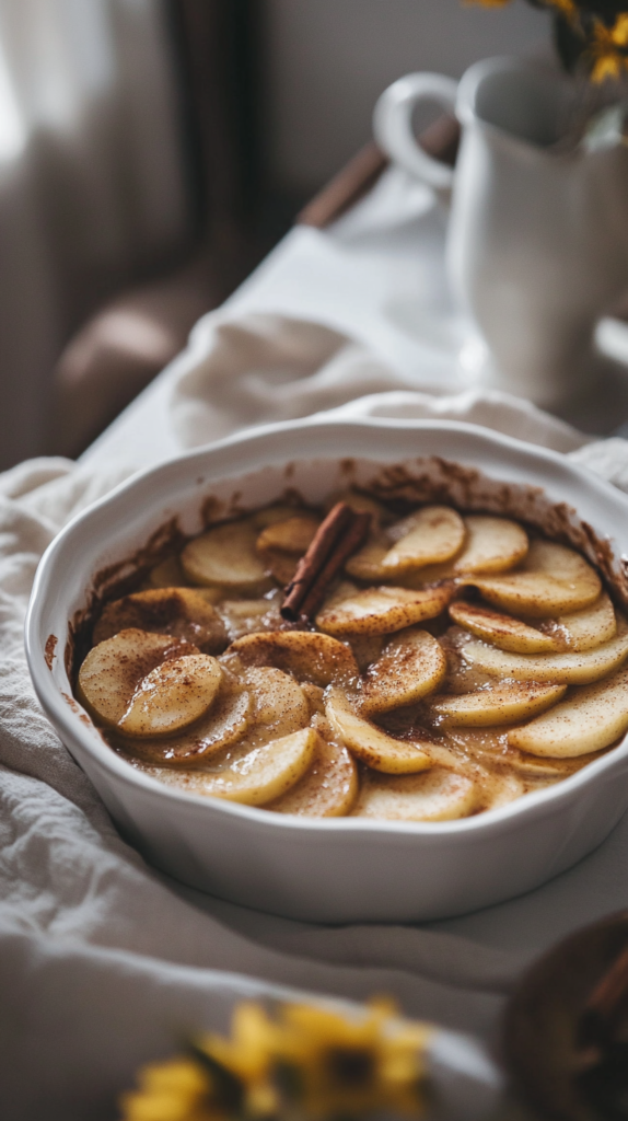 Warm baked apple slices with cinnamon in a white dish on spring breakfast table