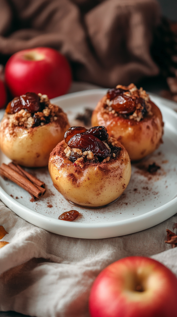 Stuffed baked apples with dates and cinnamon on ceramic plate