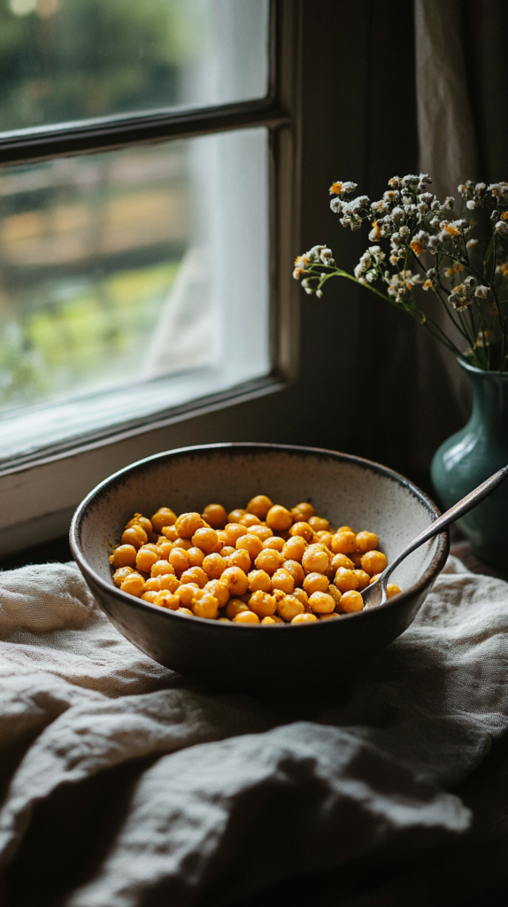 Spiced roasted chickpeas in a bowl as a savory movie night snack