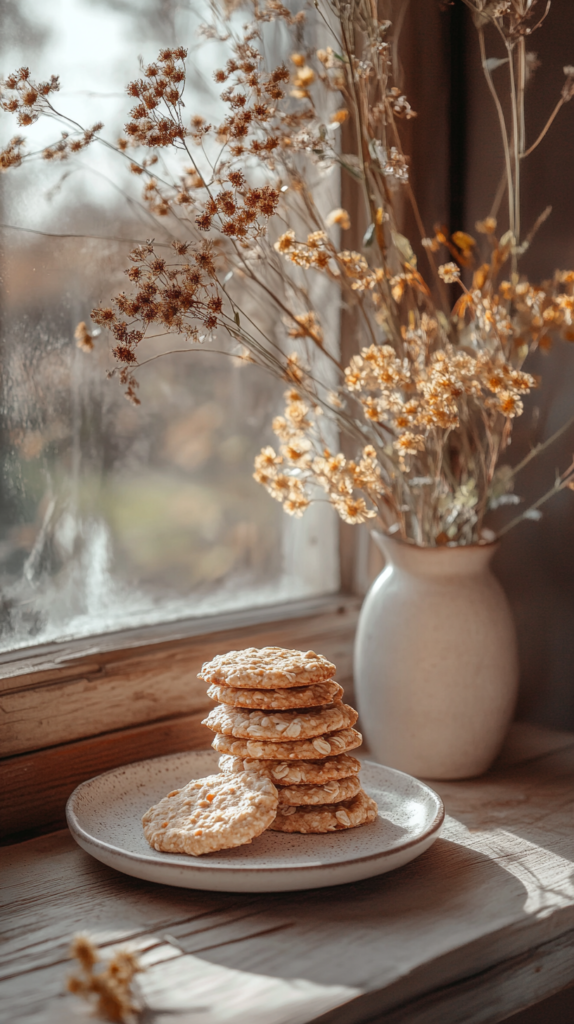 Stack of healthy carrot oatmeal cookies on ceramic plate with spring flowers in background