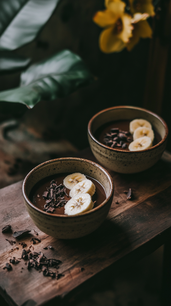 Chocolate banana protein pudding with cacao nibs and banana slices