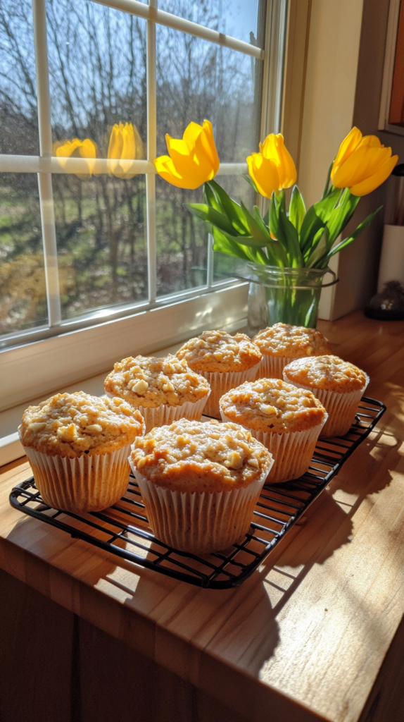 Healthy banana oat muffins on cooling rack in cozy spring kitchen