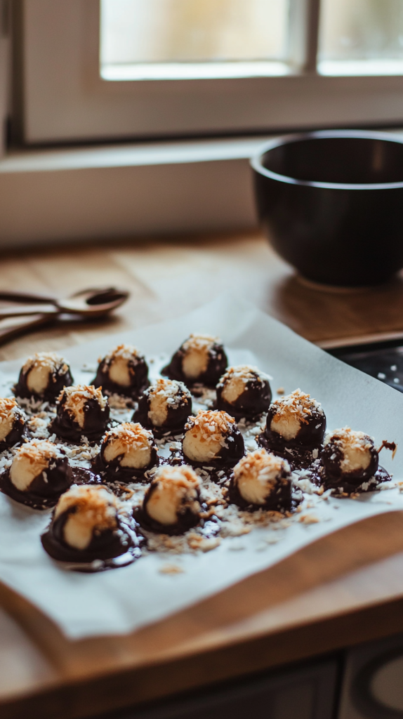 Chocolate-dipped banana bites on parchment with coconut flakes