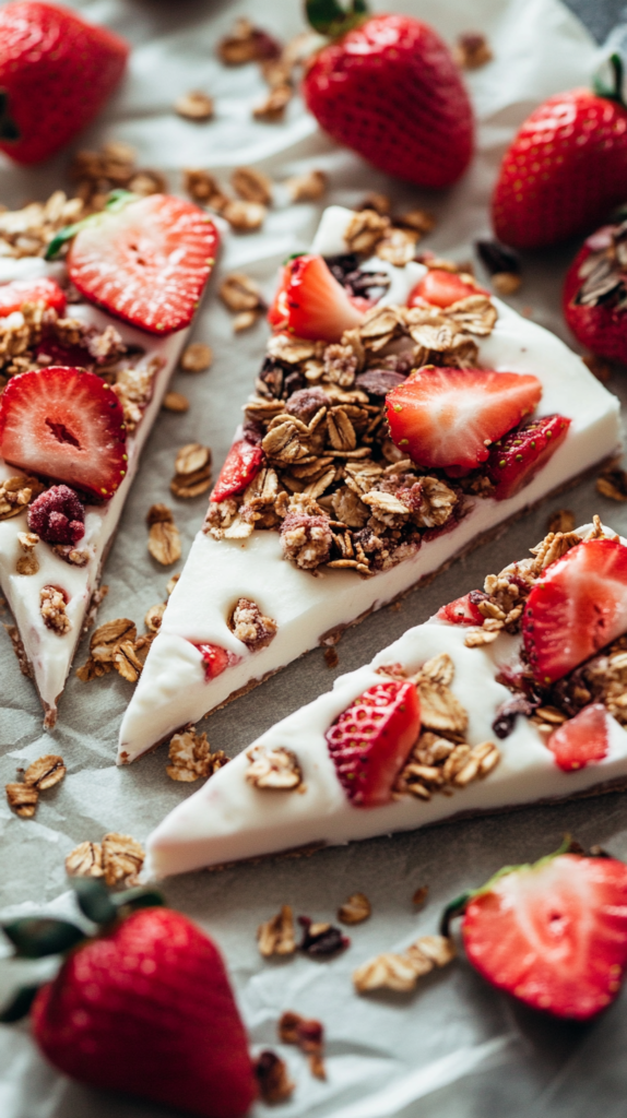 Pieces of strawberry yogurt bark on parchment paper with granola in spring lighting