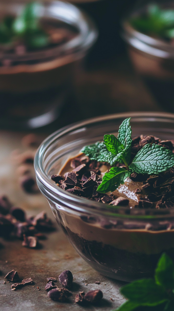 Chocolate avocado mousse in glass bowls topped with cacao nibs and mint