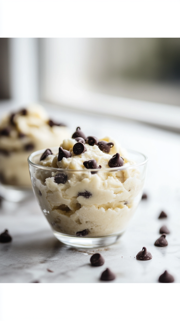 Healthy cookie dough made with Greek yogurt in glass cups with chocolate chips