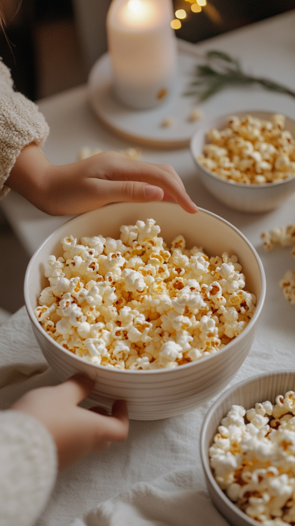 DIY popcorn bar with different flavors and cozy family atmosphere