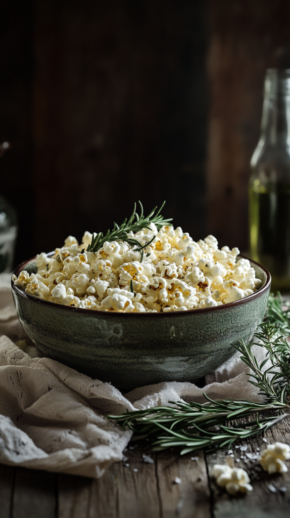 Bowl of herbed popcorn with olive oil and sea salt on a cozy table