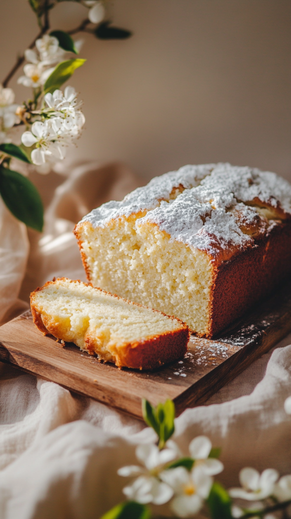 Sliced gluten-free lemon yogurt loaf with spring decor