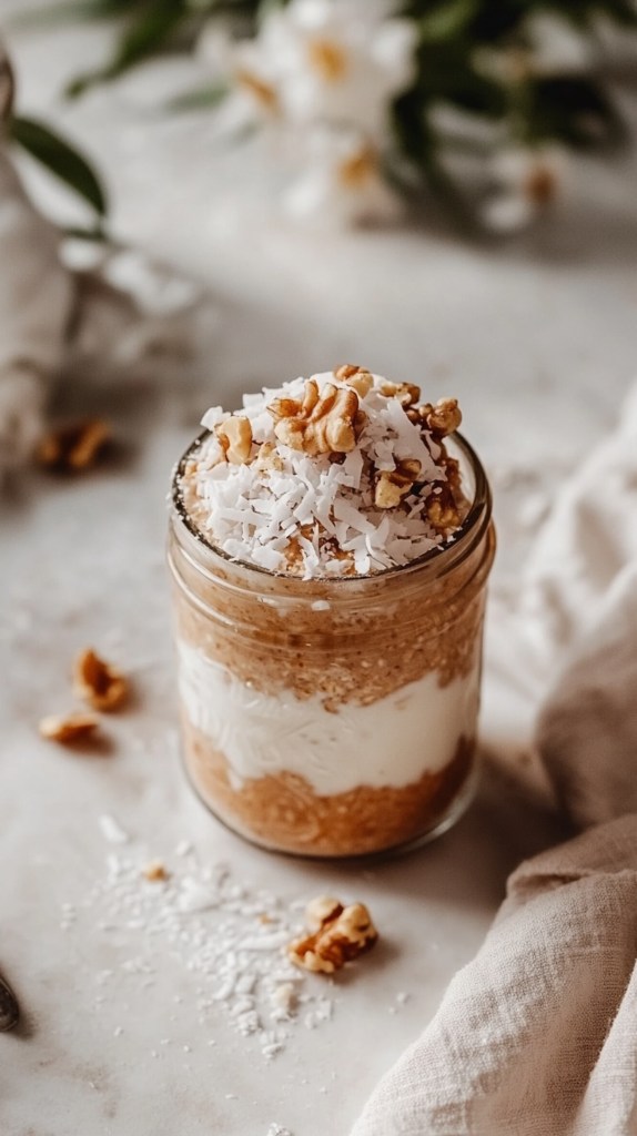 Carrot cake overnight oats in a glass jar with spring toppings in soft natural light