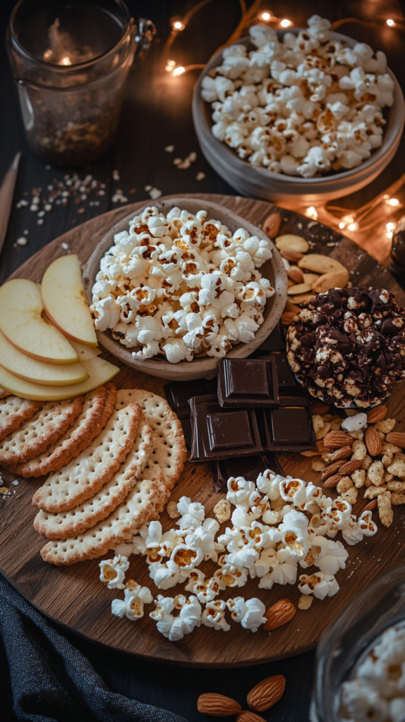Healthy movie night snack board with sweet and salty options
