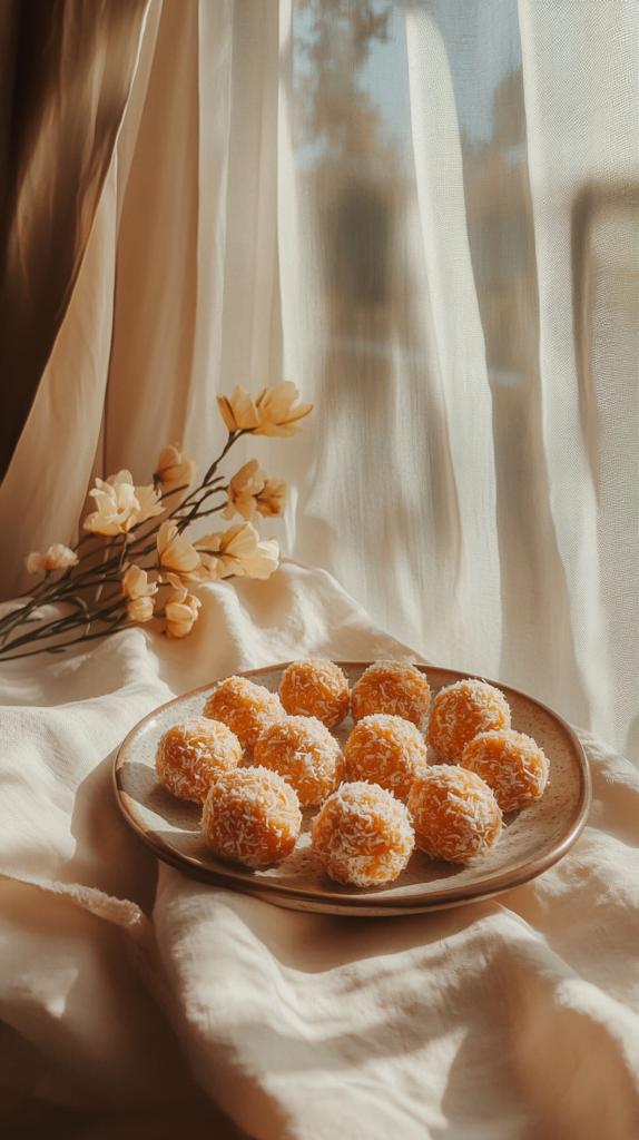 Coconut carrot energy balls on tray with spring napkin