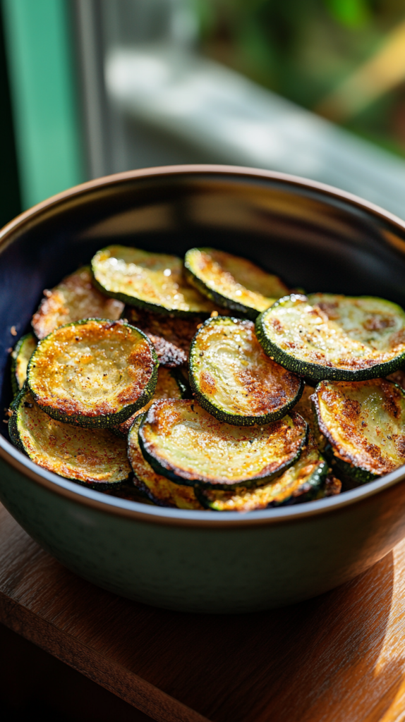 Healthy zucchini chips in a small bowl, air-fried and seasoned