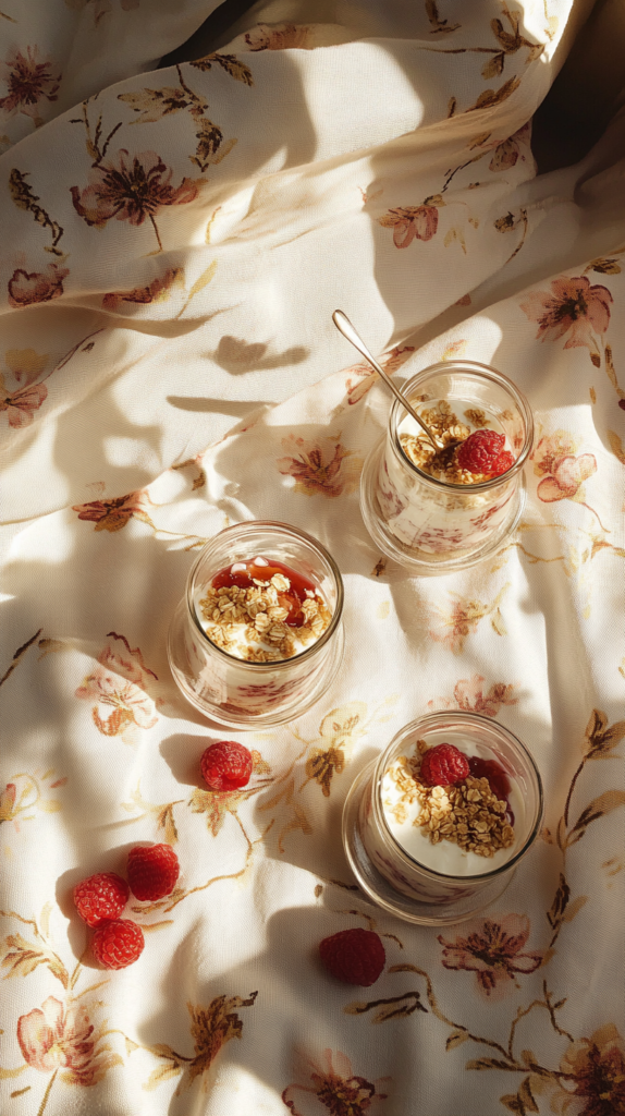 Glass jars layered with raspberry jam, yogurt, and granola on spring table