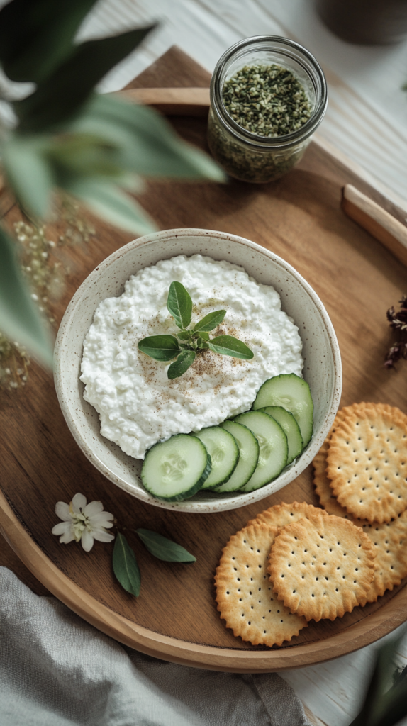 : Healthy snack board with cottage cheese dip and crunchy vegetables