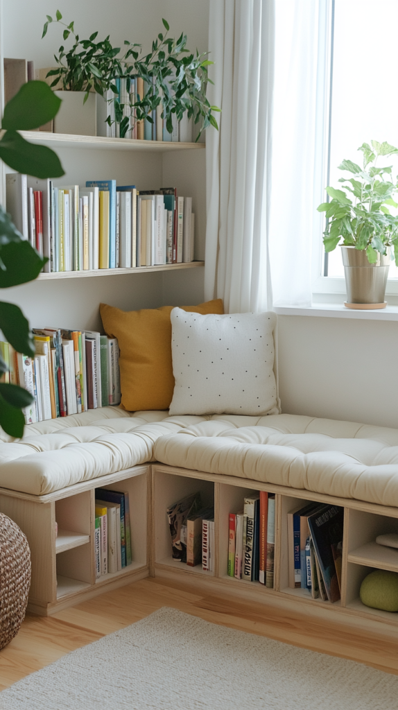 Toddler reading nook with DIY corner bench and books