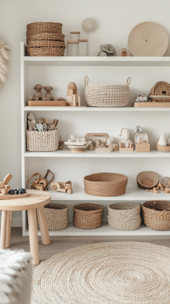 Calm play corner with open shelves and natural toddler toys