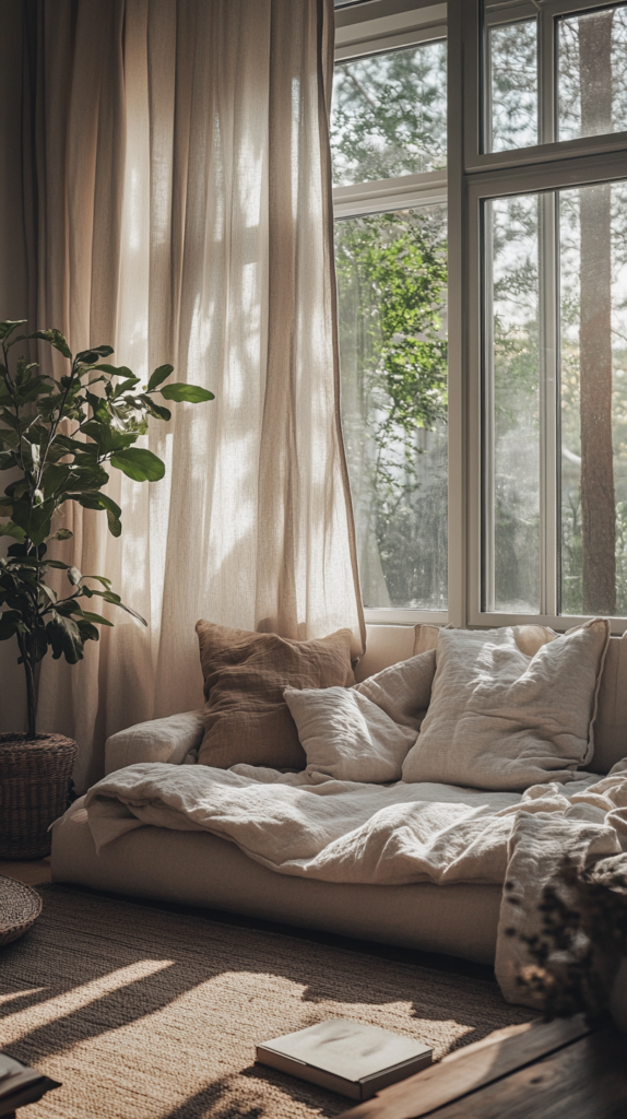 Japandi interior with soft shadows, layered neutral textures and minimalist black accents.