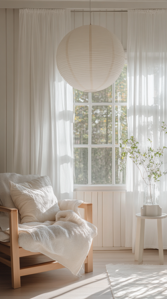 Minimalist living room lighting with paper lantern and soft curtains in white and cream