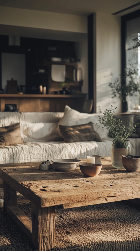 Cozy Japandi living room with candlelight, handmade pottery and warm wood textures.