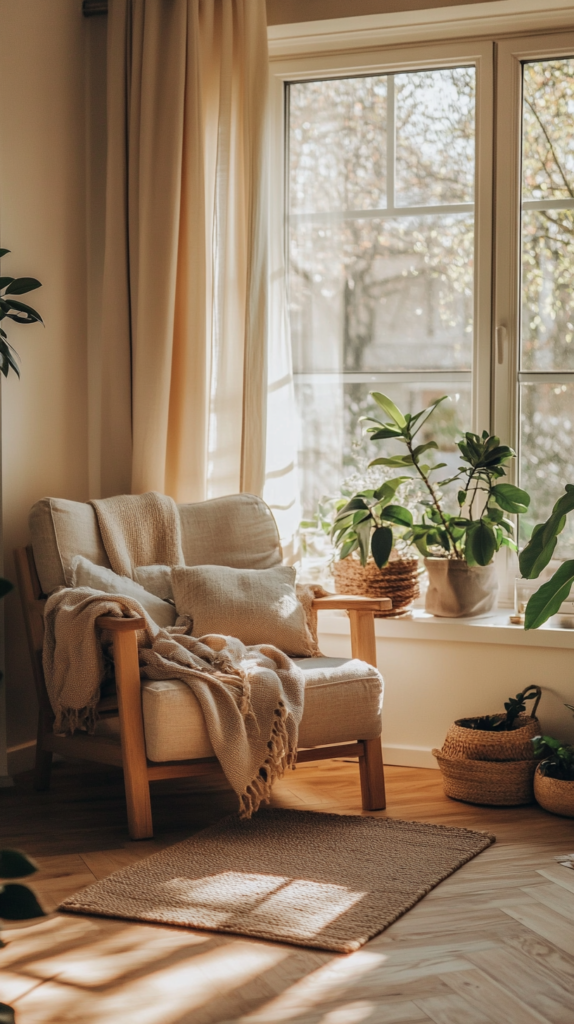 Light and airy room with natural materials and soft color palette