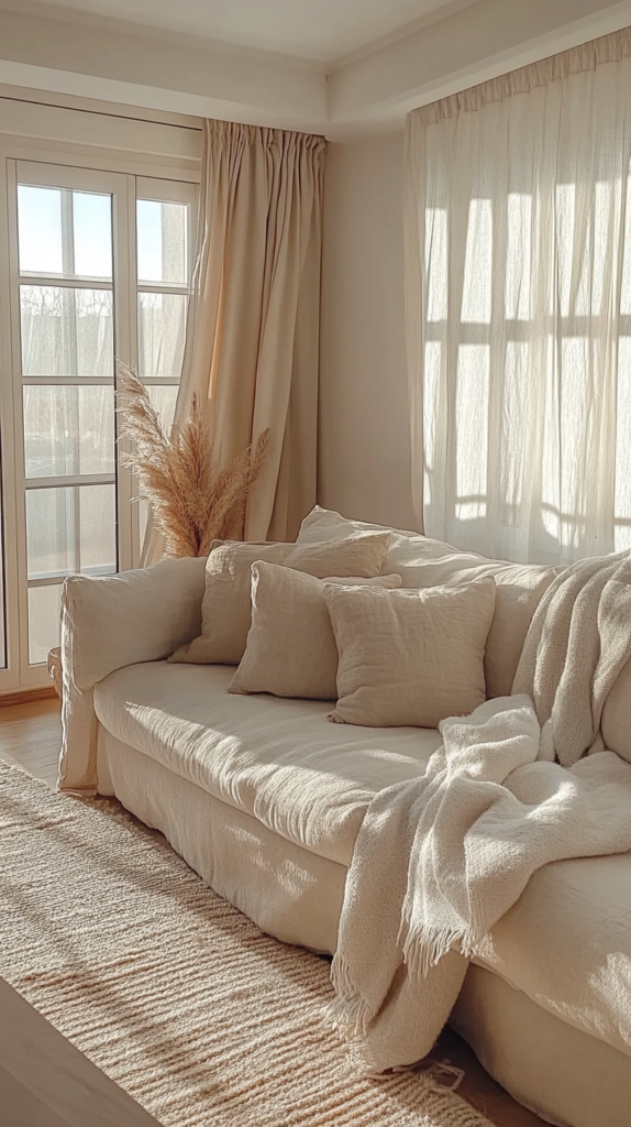 Neutral-toned living room with linen furniture and soft daylight