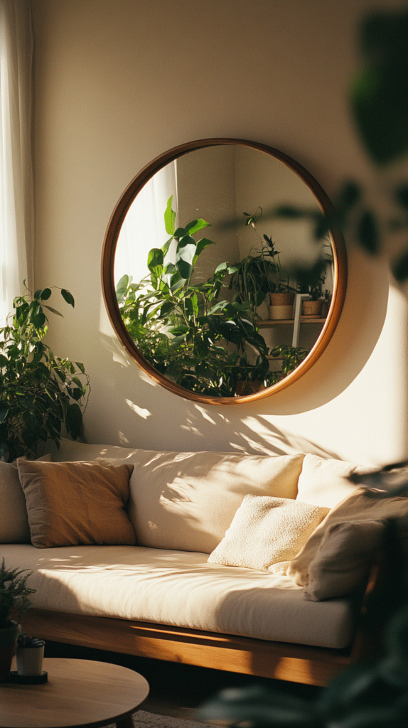 Earthy living room with raw wood framed mirror reflecting linen textures and greenery