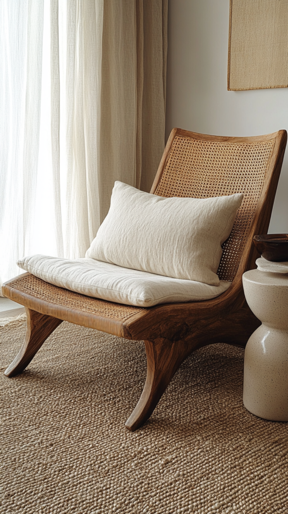 Natural living room reading corner with rattan chair and soft cushions