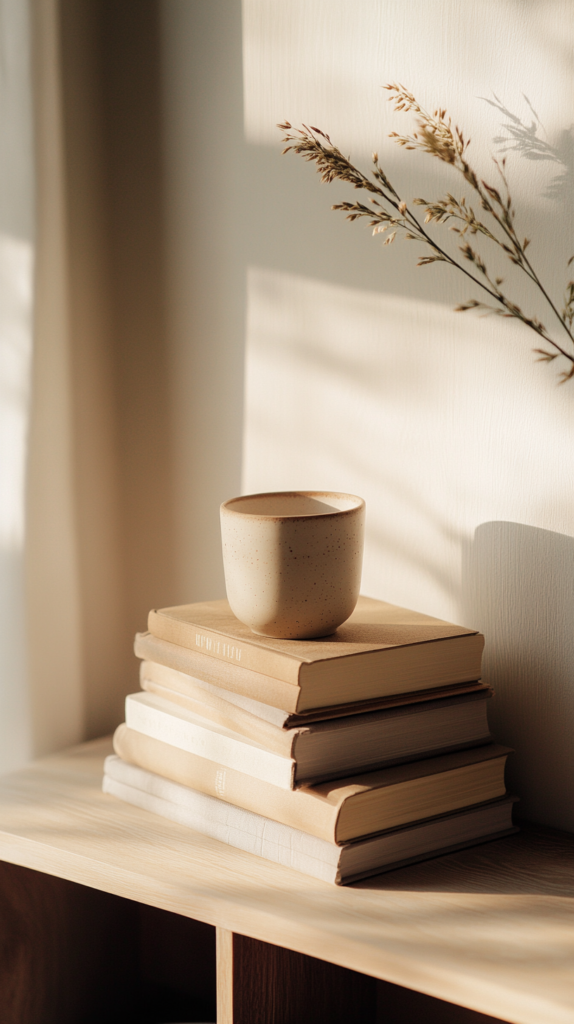 Books arranged horizontally and vertically on minimalist wooden shelf