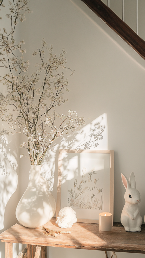 Whimsical spring entryway with pastel accents, bunny figurine, soft candlelight, and vintage spring art.