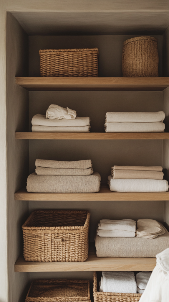 Open shelf with small rattan baskets and soft fabric boxes in muted tones