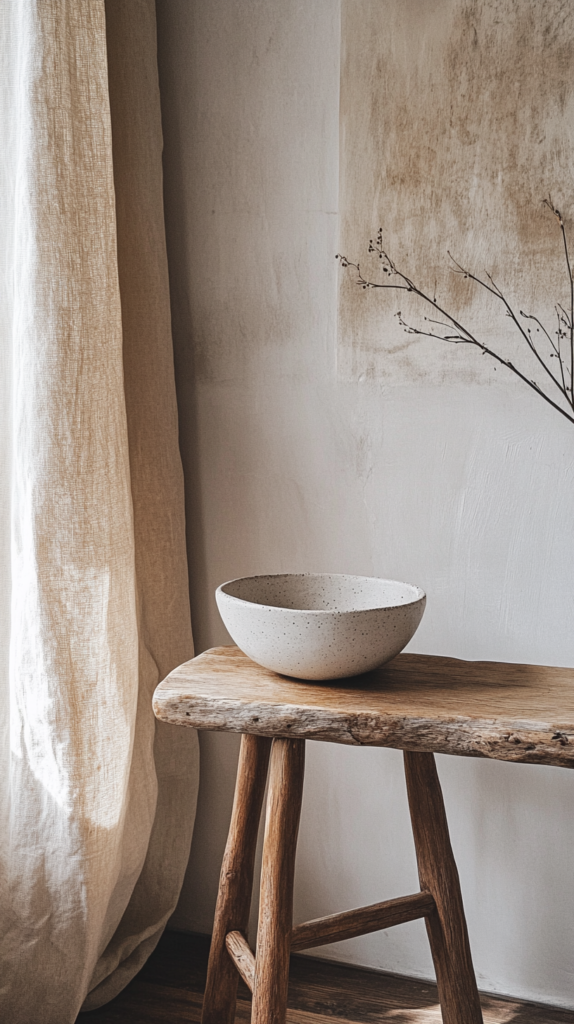 Organic minimalist living room with wabi-sabi decor in natural textures