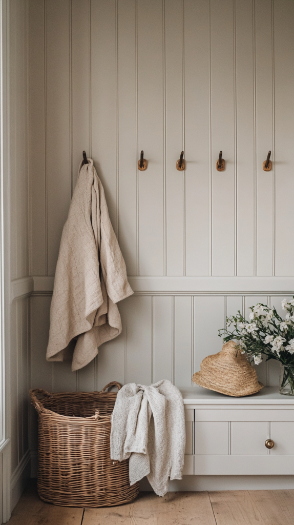 Modern spring entryway with hidden shoe storage, wall hooks, and a soft woven basket in natural tones.